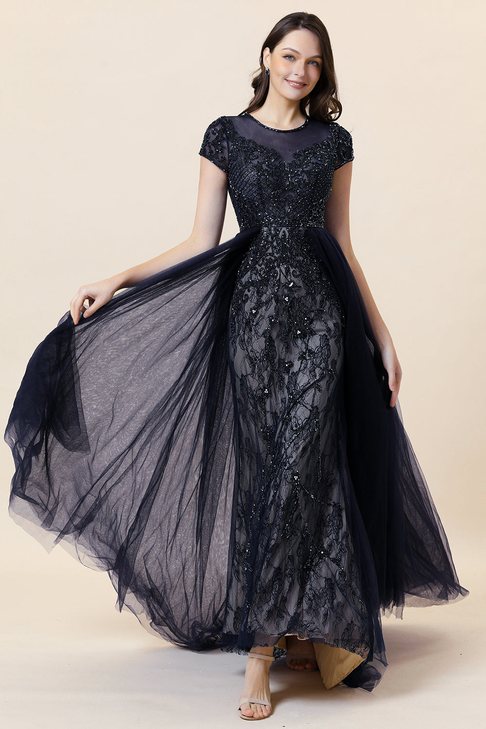 Sparkly Grey Beaded Long Ball Dress