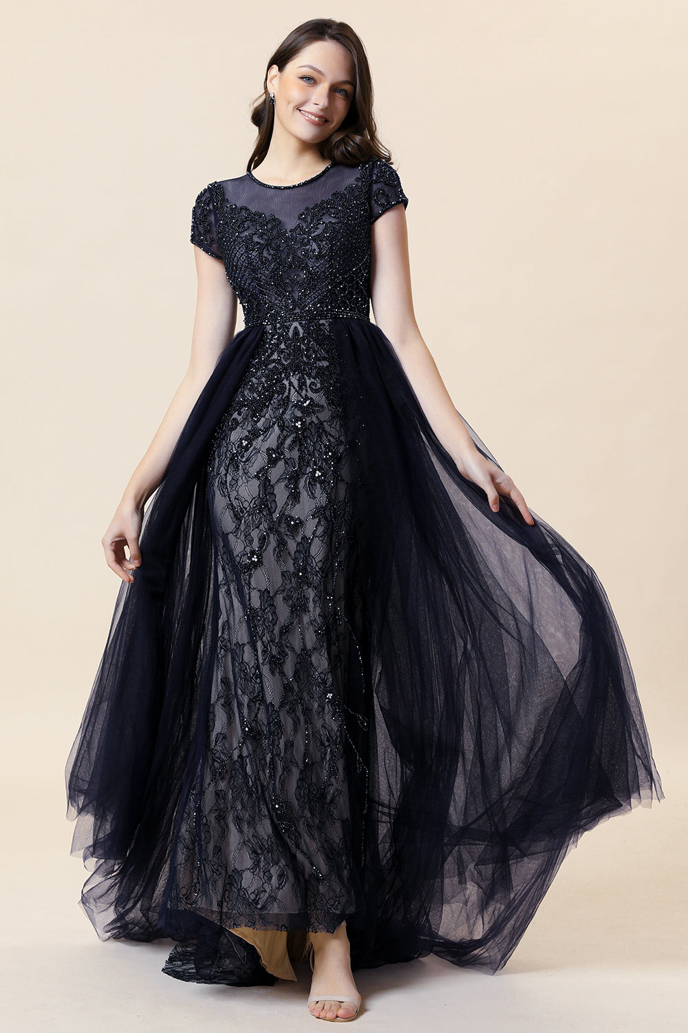 Sparkly Grey Beaded Long Ball Dress