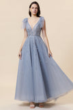 Sparkly Beaded Blue Long Tulle Ball Dress