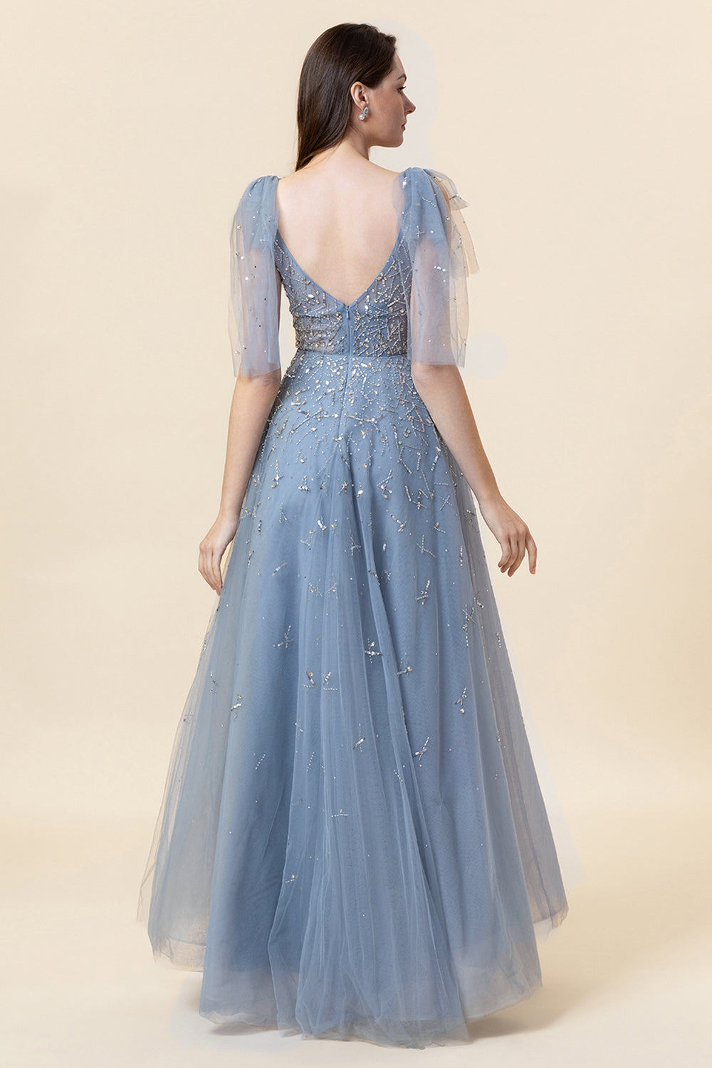 Sparkly Beaded Grey Long Tulle Ball Dress