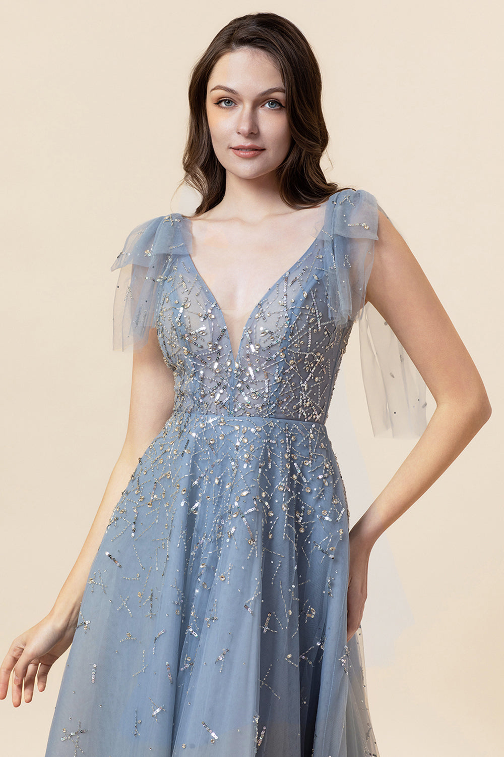 Sparkly Beaded Grey Long Tulle Ball Dress