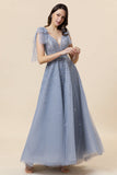 Sparkly Beaded Grey Long Tulle Ball Dress