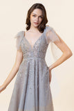 Sparkly Beaded Grey Long Tulle Ball Dress
