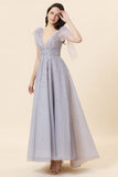 Sparkly Beaded Grey Long Tulle Ball Dress