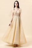 Sparkly Yellow Beaded A-Line Floor Length Ball Dress