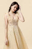 Sparkly Yellow Beaded A-Line Floor Length Ball Dress