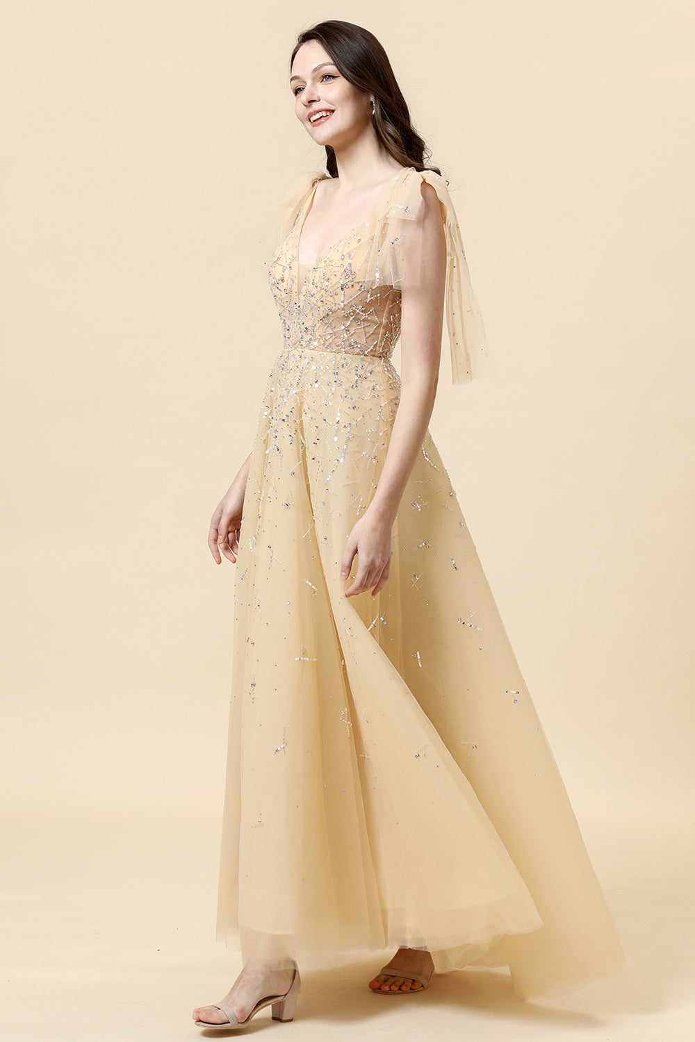 Sparkly Yellow Beaded A-Line Floor Length Ball Dress