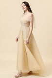 Sparkly Yellow Beaded A-Line Floor Length Ball Dress