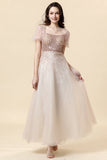 A Line Square Neck Blush Beading Long Mother of Bride Dress