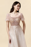 A Line Square Neck Blush Beading Long Mother of Bride Dress