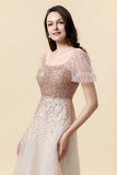 A Line Square Neck Blush Beading Long Mother of Bride Dress