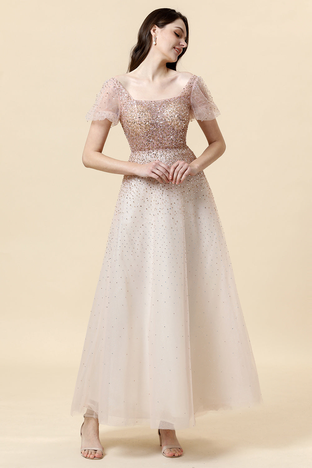 A Line Square Neck Blush Beading Long Mother of Bride Dress