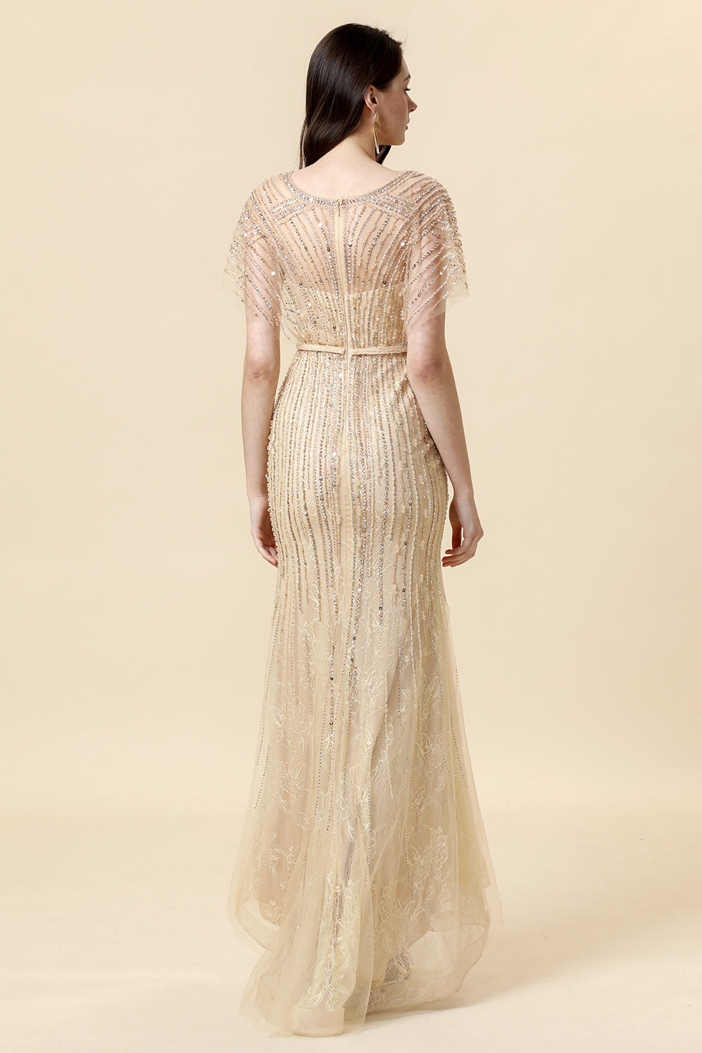 Mermaid V Neck Golden Beaded Long Mother of Bride Dress