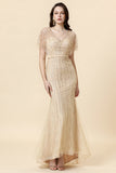 Mermaid V Neck Golden Beaded Long Mother of Bride Dress
