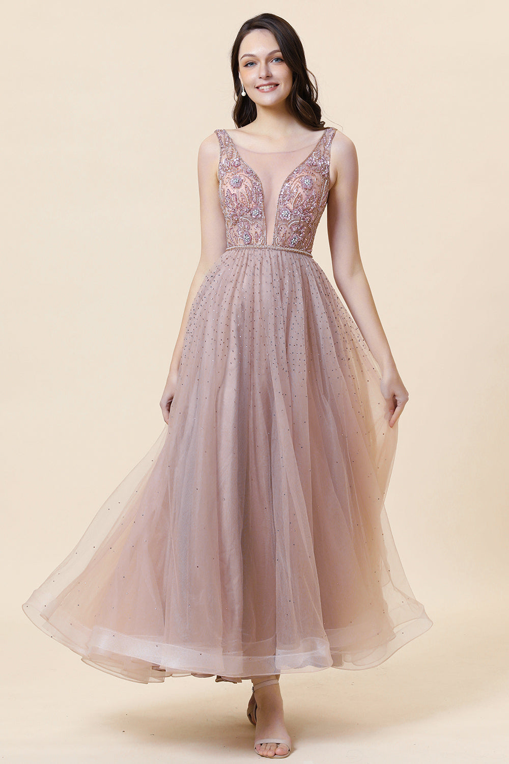 Sparkly Blush Beaded Long Tulle Ball Dress