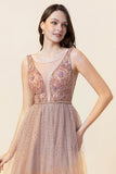 Sparkly Blush Beaded Long Tulle Ball Dress