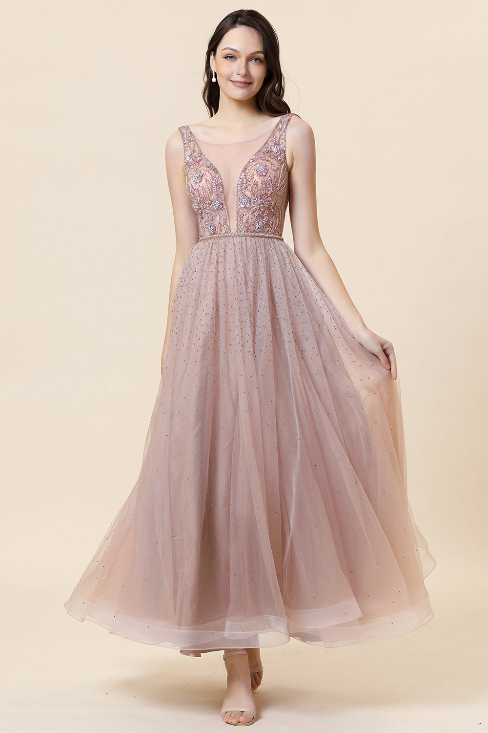 Sparkly Blush Beaded Long Tulle Ball Dress