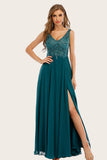 Turquoise Chiffon Long Ball Dress with Beading