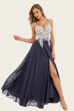 White-Navy Appliqued V-Neck Split Long Empire Ball Dress