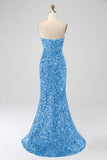 Pink Mermaid Strapless Sequins Long Ball Dress With Slit