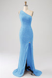 Sparkly Orange Mermaid One Shoulder Sequins Ball Dress with Slit