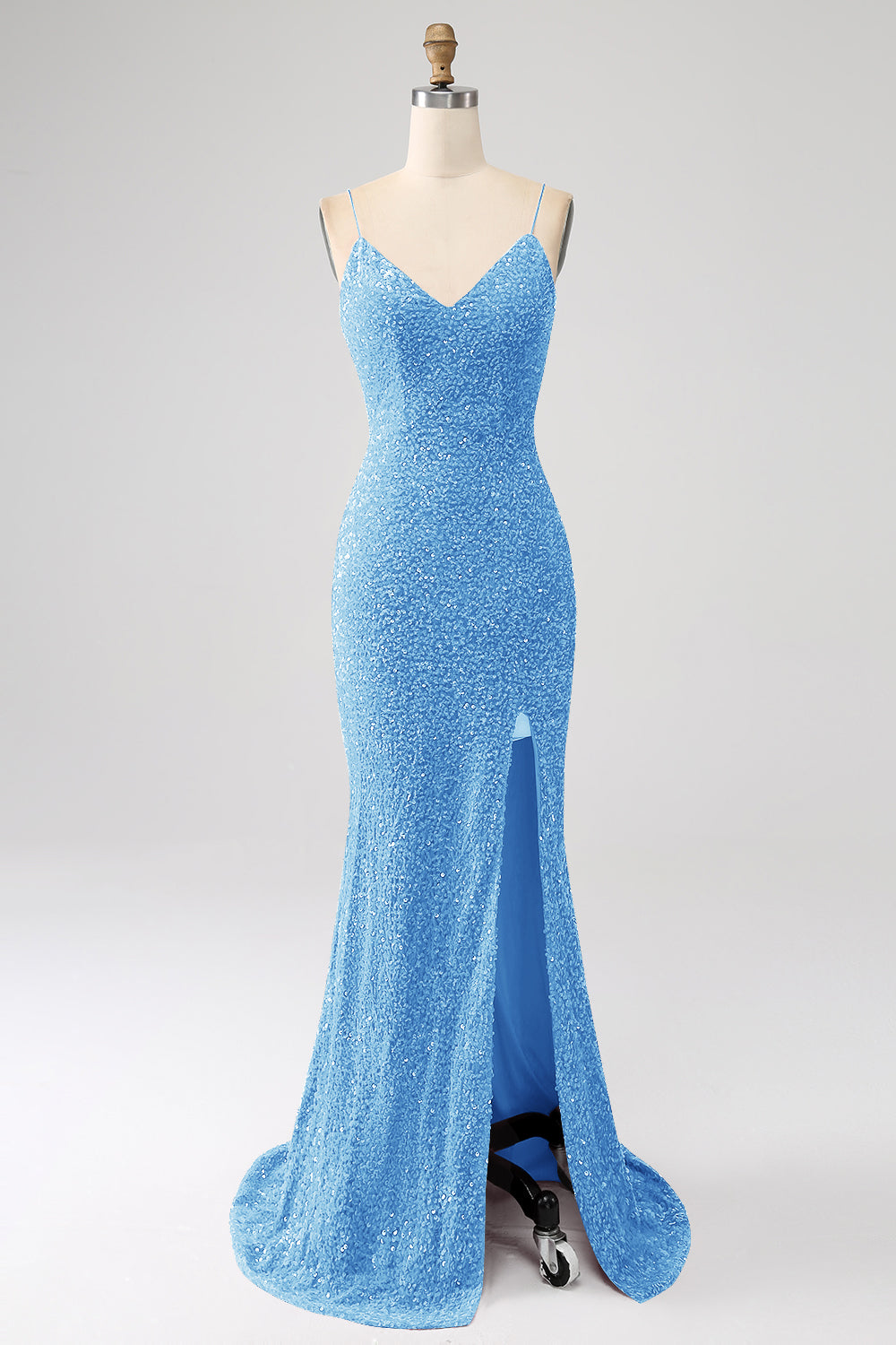 Sparkly Royal Blue Mermaid Spaghetti Straps Sequin Long Ball Dress With Split