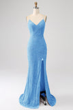 Sparkly Royal Blue Mermaid Spaghetti Straps Sequin Long Ball Dress With Split