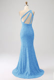 Sparkly Orange Mermaid One Shoulder Sequins Ball Dress with Slit