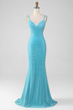 Sparkly Turquoise Mermaid Spaghetti Straps Long Ball Dress With Beading