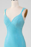 Sparkly Turquoise Mermaid Spaghetti Straps Long Ball Dress With Beading