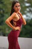 Burgundy Lightweight Halter Keyhole Mermaid Formal Dress