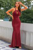 Burgundy Lightweight Halter Keyhole Mermaid Formal Dress