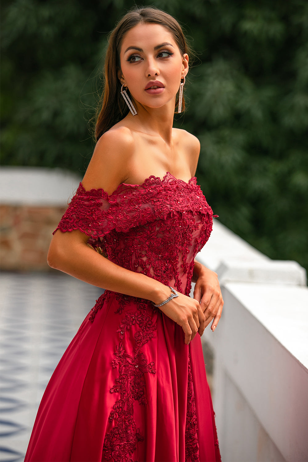 Red Off the Shoulder Long Ball Dress