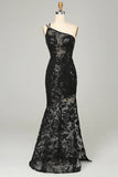 Black Sheath One Shoulder Backless Lace Long Ball Dress