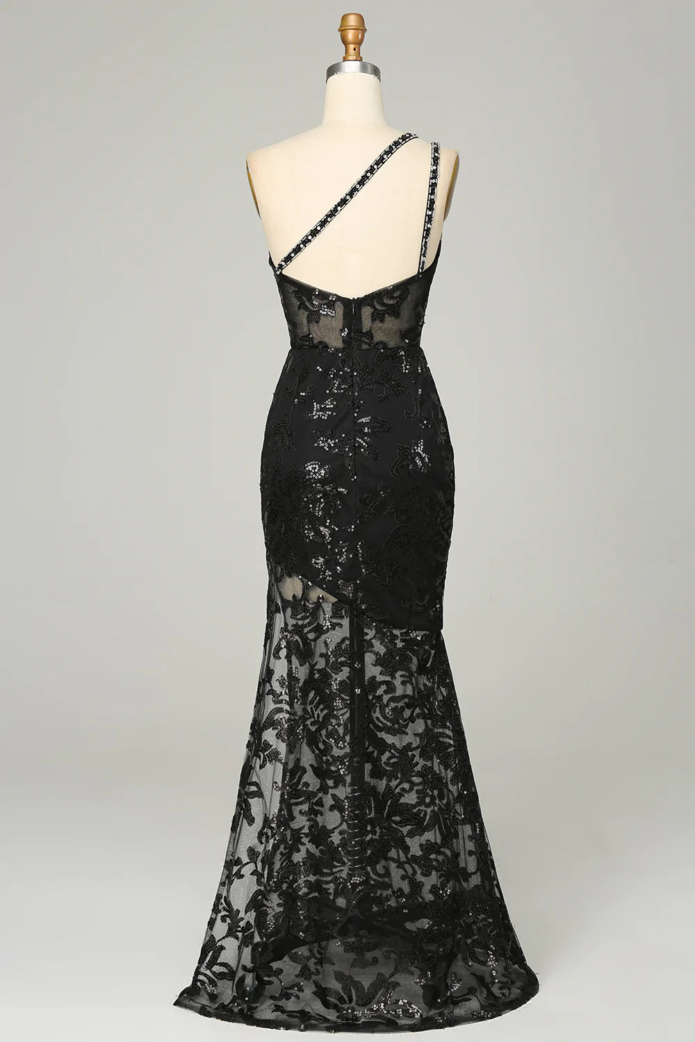 Black Sheath One Shoulder Backless Lace Long Ball Dress