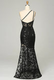 Black Sheath One Shoulder Backless Lace Long Ball Dress