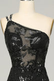 Black Sheath One Shoulder Backless Lace Long Ball Dress