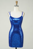 Royal Blue Tight Sequins Backless Cocktail Dress