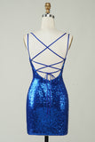 Royal Blue Tight Sequins Backless Cocktail Dress