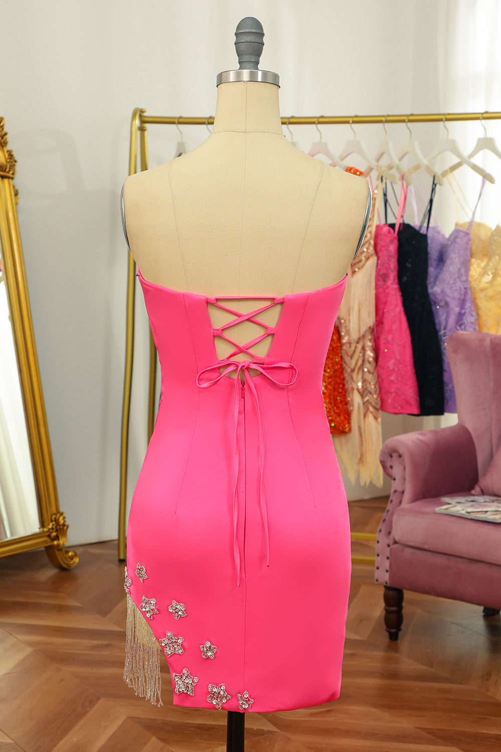 Pink Tight Cocktail Dress with Star and Fringes