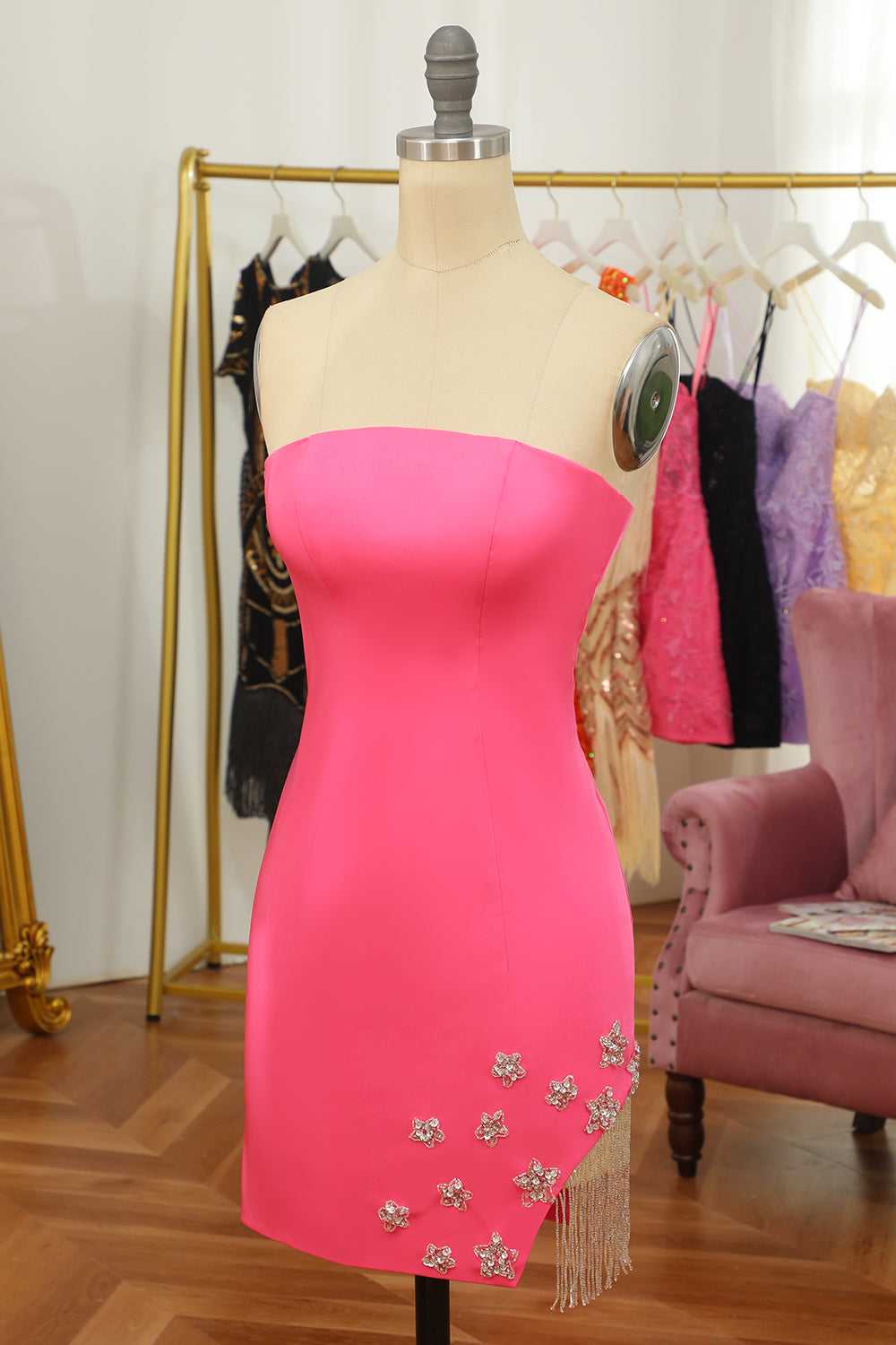 Pink Tight Cocktail Dress with Star and Fringes