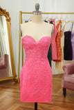 Tight Pink Short Cocktail Party Dress with Appliques