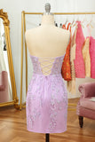 Tight Pink Short Cocktail Party Dress with Appliques