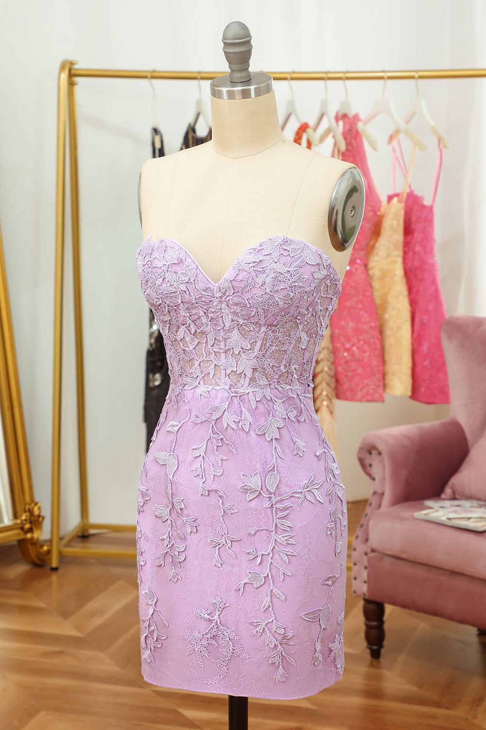 Tight Pink Short Cocktail Party Dress with Appliques
