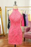 Pink Open Back Halter Lace Tight Cocktail Dress