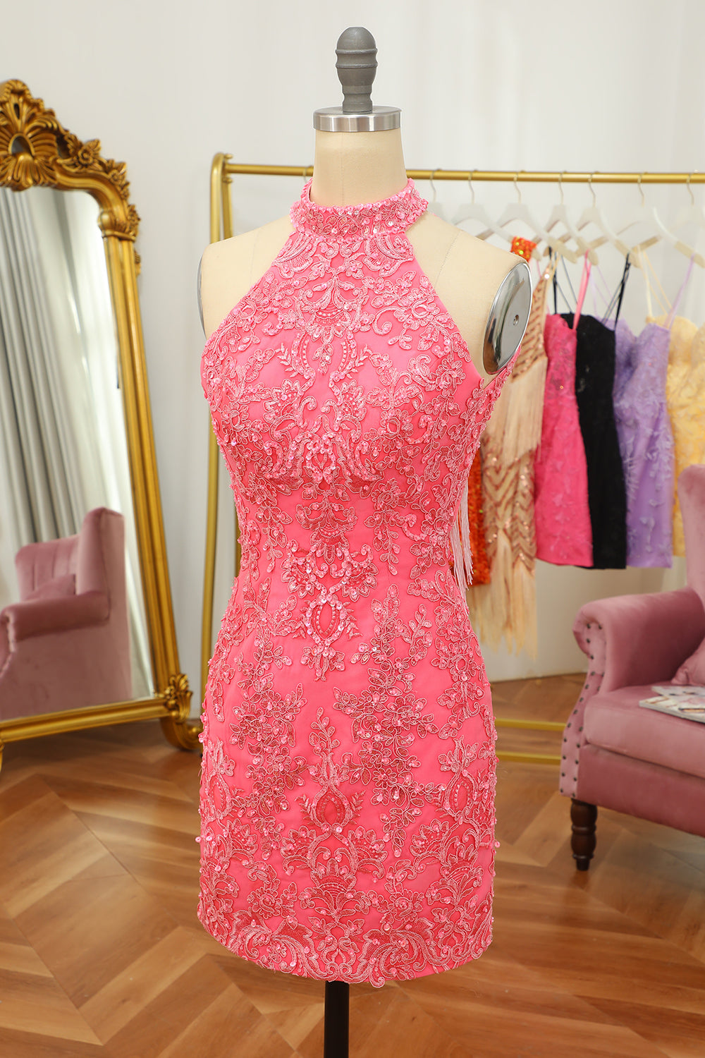 Pink Open Back Halter Lace Tight Cocktail Dress