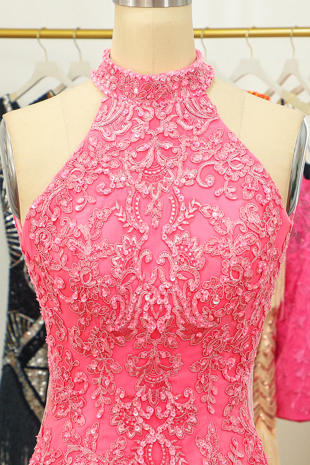 Pink Open Back Halter Lace Tight Cocktail Dress