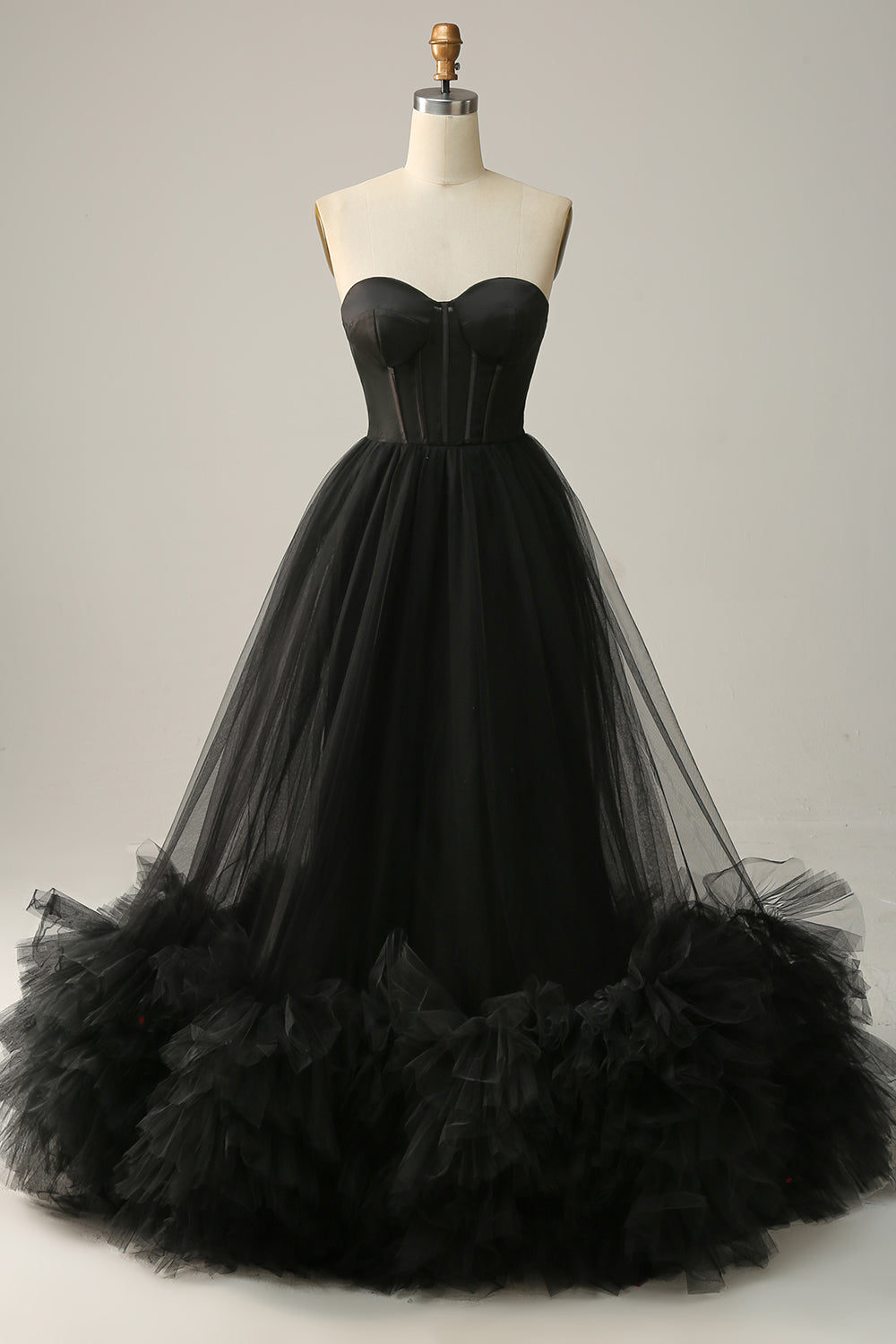 A Line Sweetheart Black Corset Ball Dress with Ruffled