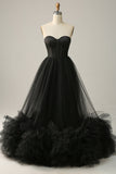 A Line Sweetheart Black Corset Ball Dress with Ruffled