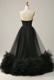 A Line Sweetheart Black Corset Ball Dress with Ruffled